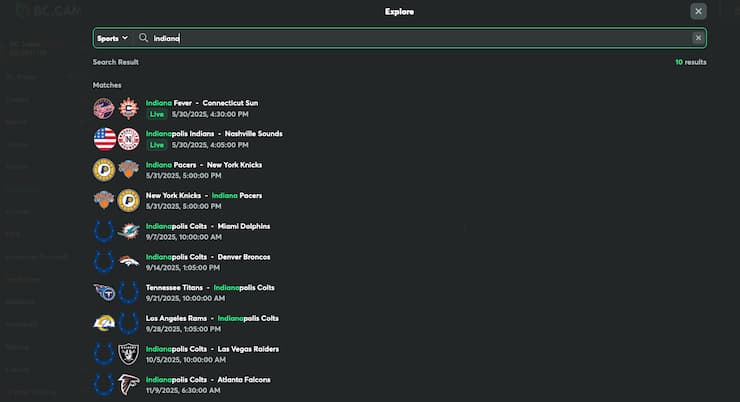 A view of the betting interface on BC Game, one of the best KY online sportsbooks.